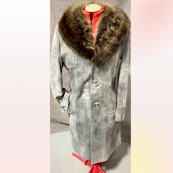 Vintage 70s Grey Suede Fur Sears Trench Coat - Picture 1 of 4